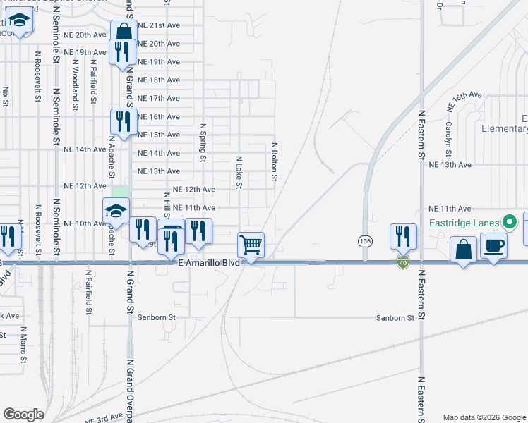 map of restaurants, bars, coffee shops, grocery stores, and more near 4216 Northeast 11th Avenue in Amarillo