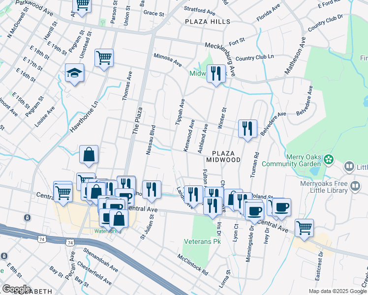 map of restaurants, bars, coffee shops, grocery stores, and more near 1911 Kenwood Avenue in Charlotte