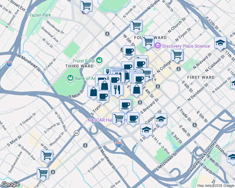 map of restaurants, bars, coffee shops, grocery stores, and more near in Charlotte