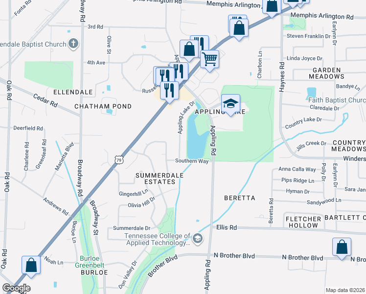 map of restaurants, bars, coffee shops, grocery stores, and more near 3617 Appling Lake Drive in Bartlett
