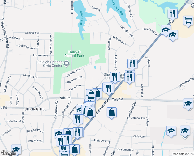 map of restaurants, bars, coffee shops, grocery stores, and more near 3611 Merritt Cove in Memphis