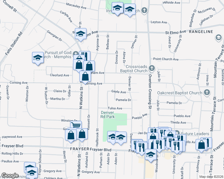 map of restaurants, bars, coffee shops, grocery stores, and more near 1952 Gayle Avenue in Memphis