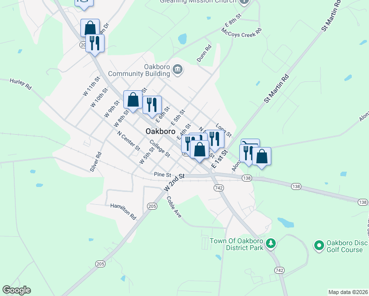 map of restaurants, bars, coffee shops, grocery stores, and more near 302 North Main Street in Oakboro