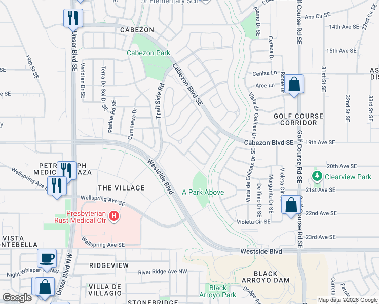 map of restaurants, bars, coffee shops, grocery stores, and more near 2508 Mesa Crotalo Road Southeast in Rio Rancho