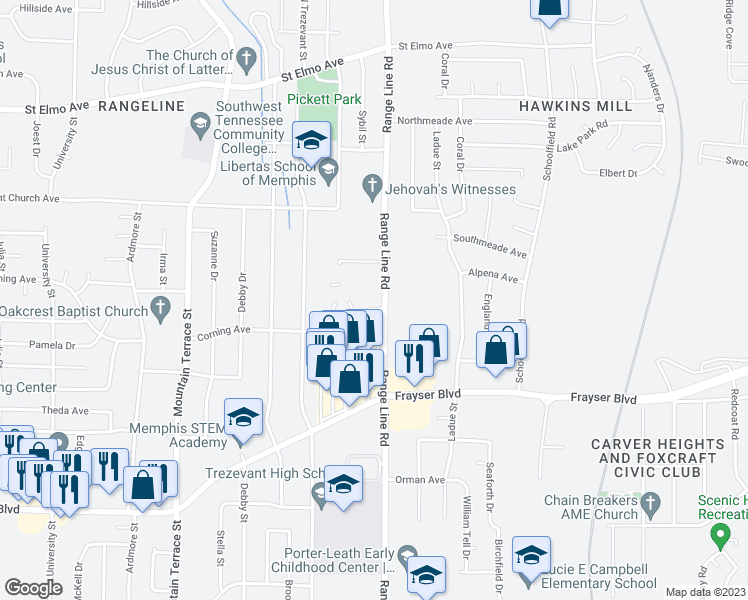 map of restaurants, bars, coffee shops, grocery stores, and more near 2625 Tricia Drive in Memphis