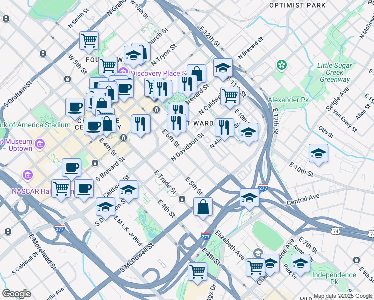 map of restaurants, bars, coffee shops, grocery stores, and more near 308 North Davidson Street in Charlotte
