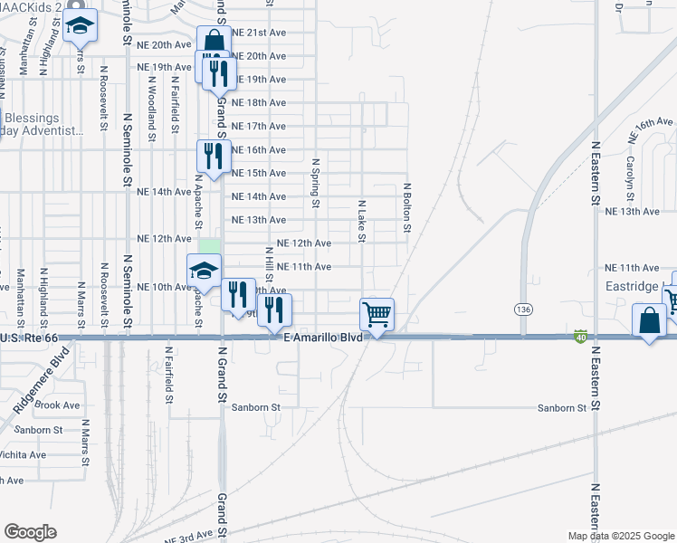 map of restaurants, bars, coffee shops, grocery stores, and more near 4018 Northeast 11th Avenue in Amarillo