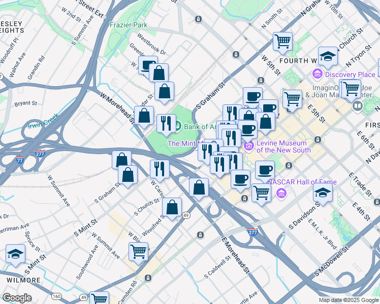 map of restaurants, bars, coffee shops, grocery stores, and more near 799 S Mint St in Charlotte