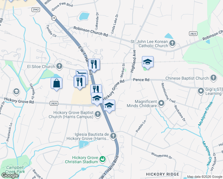map of restaurants, bars, coffee shops, grocery stores, and more near 6133 Hickory Grove Road in Charlotte