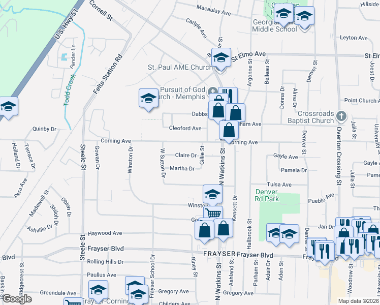 map of restaurants, bars, coffee shops, grocery stores, and more near 1730 Claire Drive in Memphis