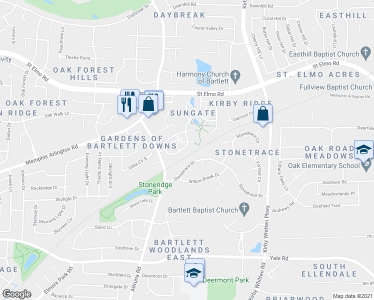 map of restaurants, bars, coffee shops, grocery stores, and more near 6603 Sungate Drive South in Memphis