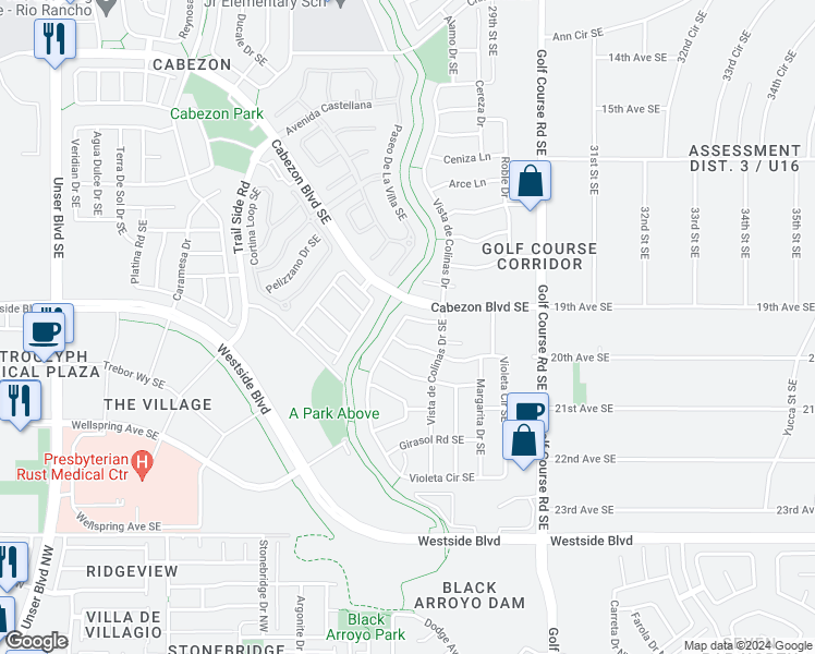 map of restaurants, bars, coffee shops, grocery stores, and more near 2043 Violeta Way Southeast in Rio Rancho