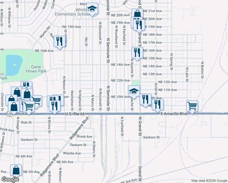 map of restaurants, bars, coffee shops, grocery stores, and more near 1007 North Woodland Street in Amarillo