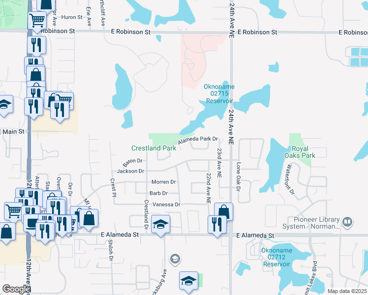 map of restaurants, bars, coffee shops, grocery stores, and more near 505 Cooper Court in Norman