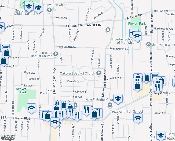 map of restaurants, bars, coffee shops, grocery stores, and more near 2315 Pamela Drive in Memphis