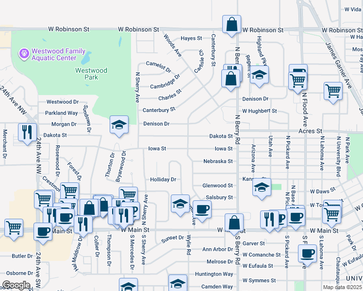 map of restaurants, bars, coffee shops, grocery stores, and more near 1505 Iowa Street in Norman