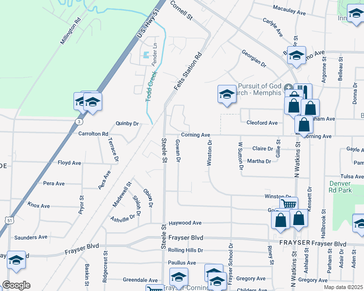map of restaurants, bars, coffee shops, grocery stores, and more near 3620 Gowan Drive in Memphis