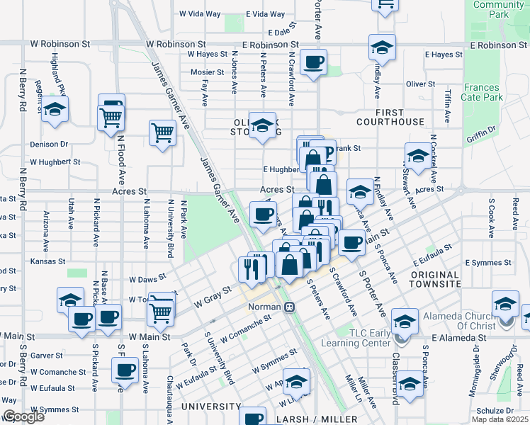 map of restaurants, bars, coffee shops, grocery stores, and more near 410 North Peters Avenue in Norman