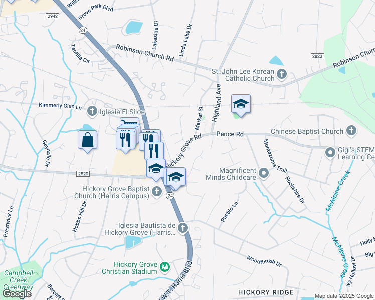 map of restaurants, bars, coffee shops, grocery stores, and more near 6200 Hickory Grove Road in Charlotte