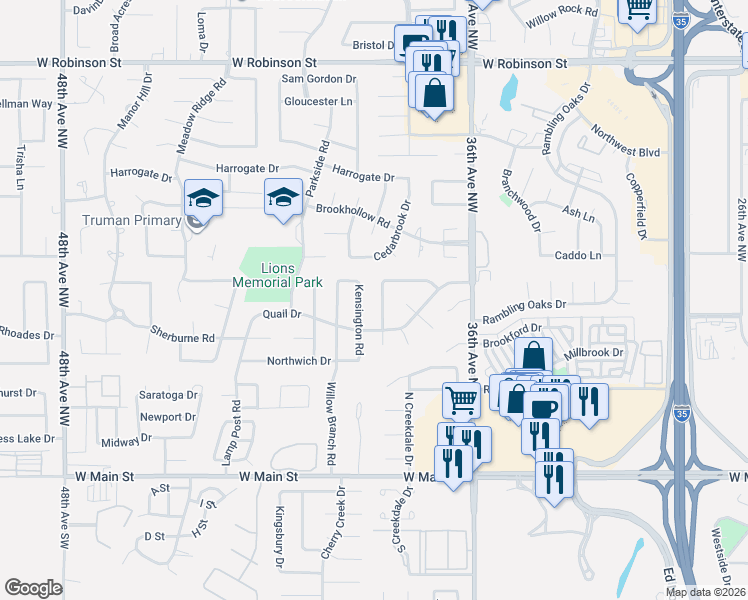 map of restaurants, bars, coffee shops, grocery stores, and more near 508 Piney Oak Drive in Norman