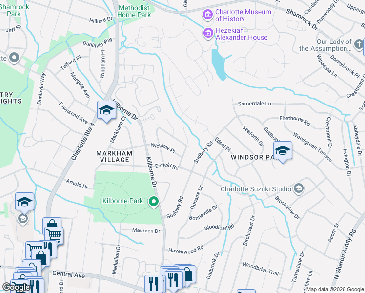 map of restaurants, bars, coffee shops, grocery stores, and more near 3830 Brookchase Lane in Charlotte