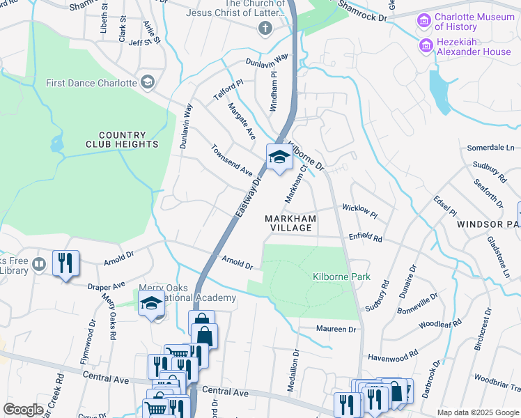 map of restaurants, bars, coffee shops, grocery stores, and more near 2347 Eastway Drive in Charlotte