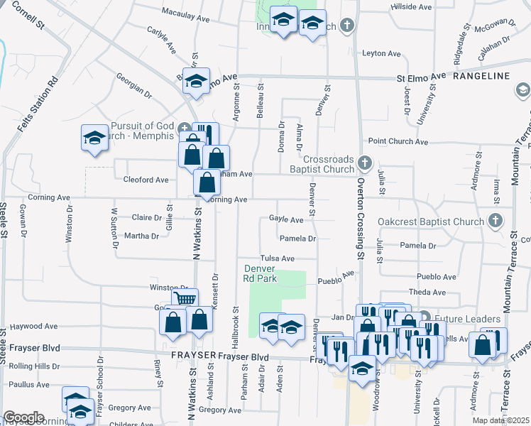 map of restaurants, bars, coffee shops, grocery stores, and more near 1952 Gayle Avenue in Memphis