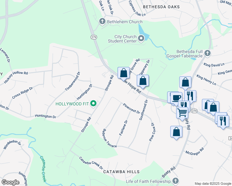 map of restaurants, bars, coffee shops, grocery stores, and more near 3602 Pinecrest Drive in Gastonia