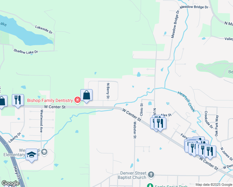map of restaurants, bars, coffee shops, grocery stores, and more near 805 North Apple Street in Greenwood
