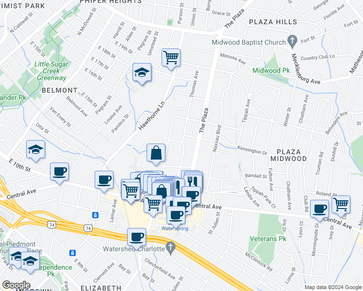 map of restaurants, bars, coffee shops, grocery stores, and more near 1543 Thomas Avenue in Charlotte