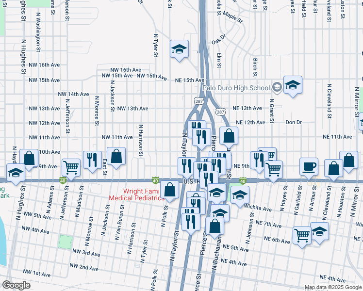 map of restaurants, bars, coffee shops, grocery stores, and more near 1005 North Taylor Street in Amarillo