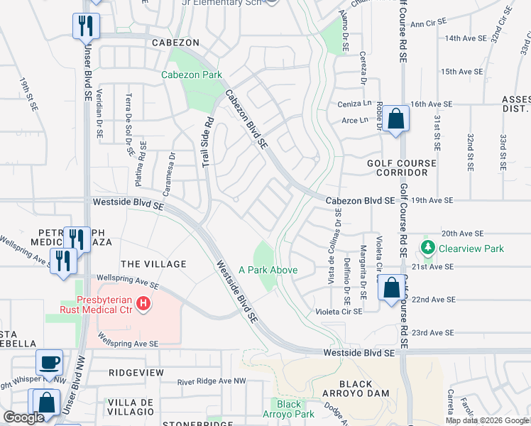 map of restaurants, bars, coffee shops, grocery stores, and more near 2508 Mesa Crotalo Road Southeast in Rio Rancho