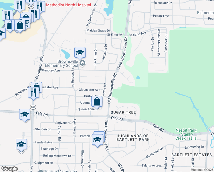 map of restaurants, bars, coffee shops, grocery stores, and more near 3610 Wythe Road in Memphis