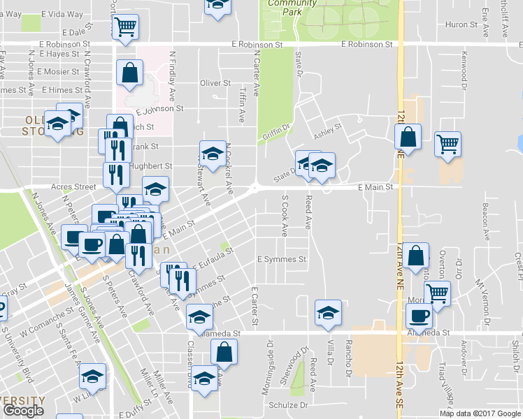 map of restaurants, bars, coffee shops, grocery stores, and more near 901 East Comanche Street in Norman