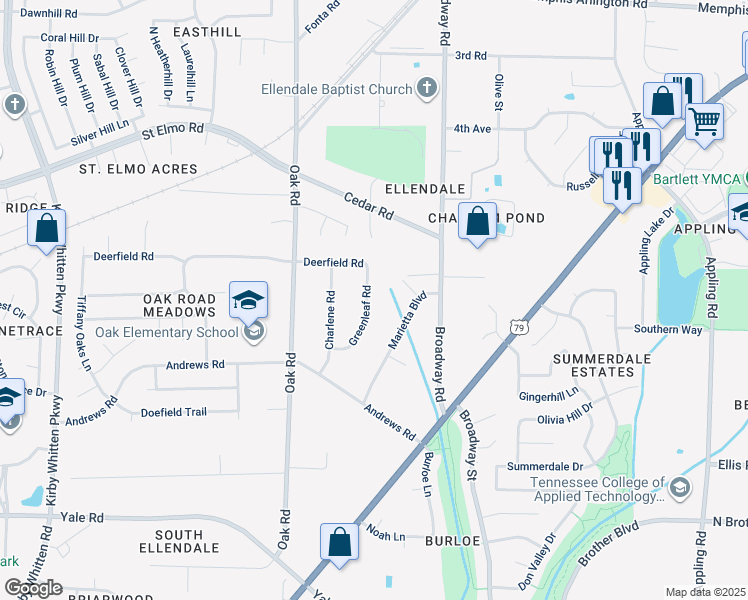 map of restaurants, bars, coffee shops, grocery stores, and more near 3622 Greenleaf Road in Bartlett