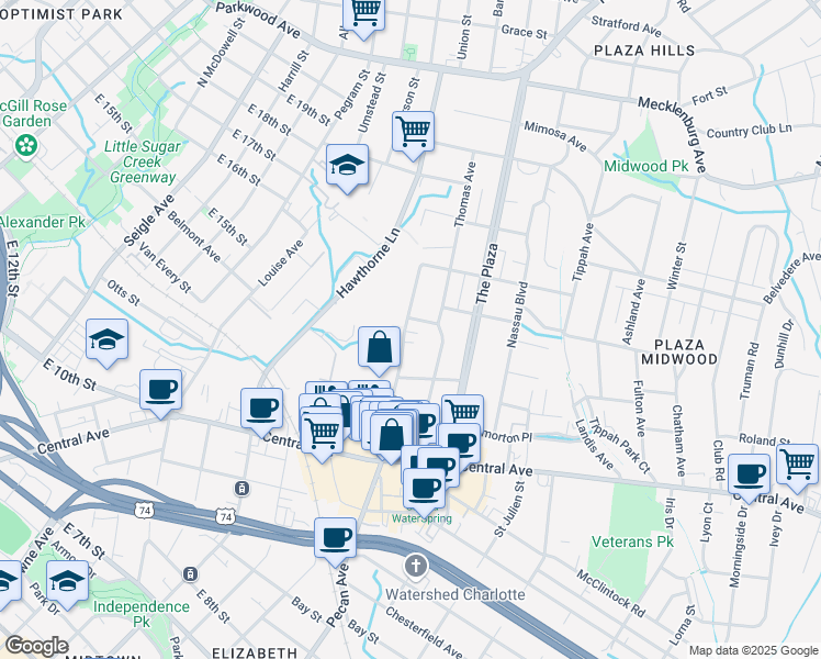 map of restaurants, bars, coffee shops, grocery stores, and more near 1570 Pecan Avenue in Charlotte