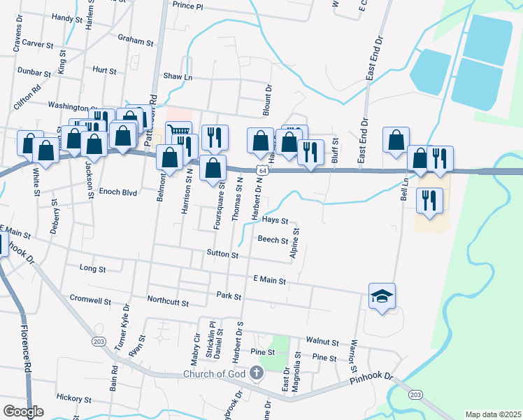 map of restaurants, bars, coffee shops, grocery stores, and more near 135 Harbert Drive North in Savannah