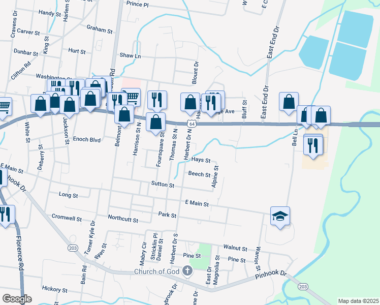 map of restaurants, bars, coffee shops, grocery stores, and more near 135 Harbert Drive North in Savannah