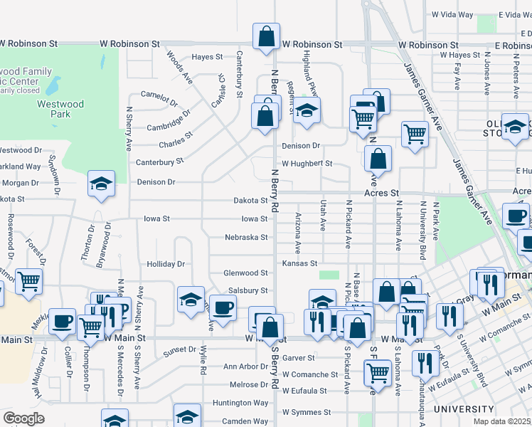 map of restaurants, bars, coffee shops, grocery stores, and more near 1201 Iowa St in Norman