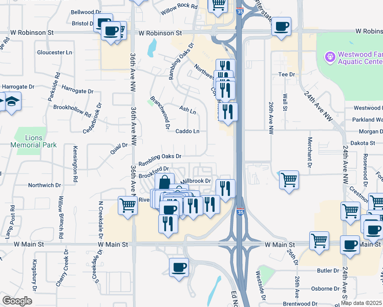 map of restaurants, bars, coffee shops, grocery stores, and more near 3221 Rambling Oaks Dr in Norman