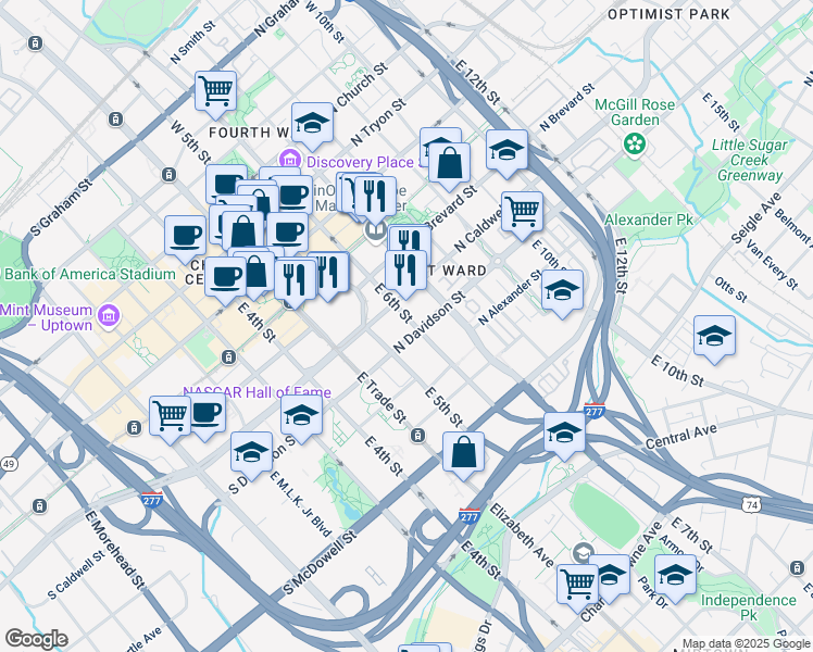 map of restaurants, bars, coffee shops, grocery stores, and more near 2 East 6th Street in Charlotte