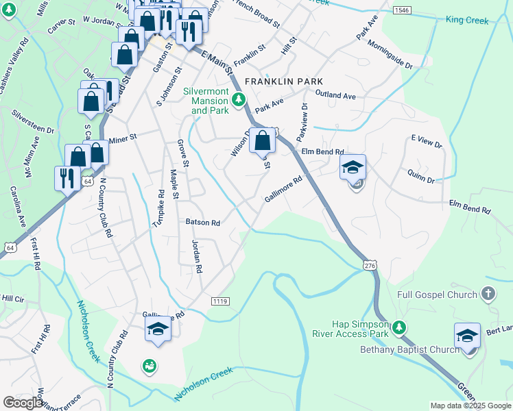 map of restaurants, bars, coffee shops, grocery stores, and more near 369 Wilson Drive in Brevard