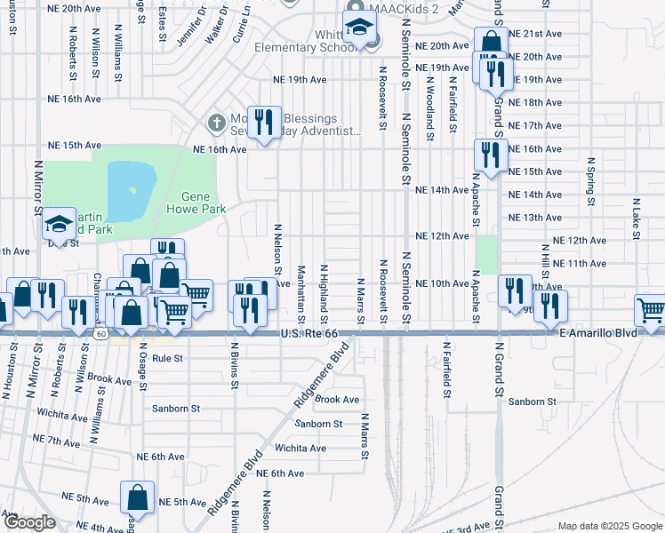 map of restaurants, bars, coffee shops, grocery stores, and more near 3002 Northeast 11th Avenue in Amarillo