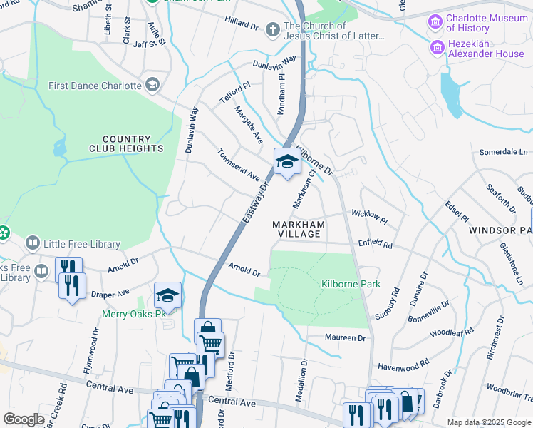 map of restaurants, bars, coffee shops, grocery stores, and more near 2347 Eastway Drive in Charlotte