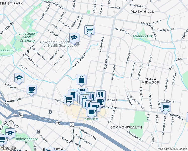 map of restaurants, bars, coffee shops, grocery stores, and more near 1542 Thomas Avenue in Charlotte
