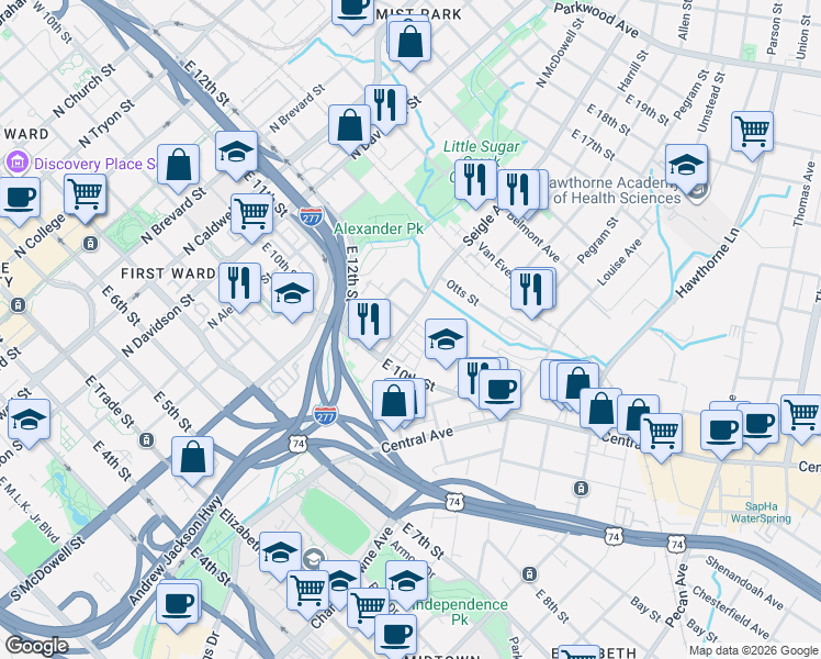 map of restaurants, bars, coffee shops, grocery stores, and more near in Charlotte