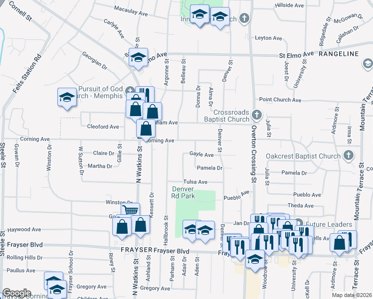 map of restaurants, bars, coffee shops, grocery stores, and more near 1952 Gayle Avenue in Memphis