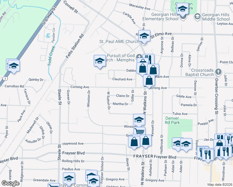 map of restaurants, bars, coffee shops, grocery stores, and more near 1680 Claire Drive in Memphis