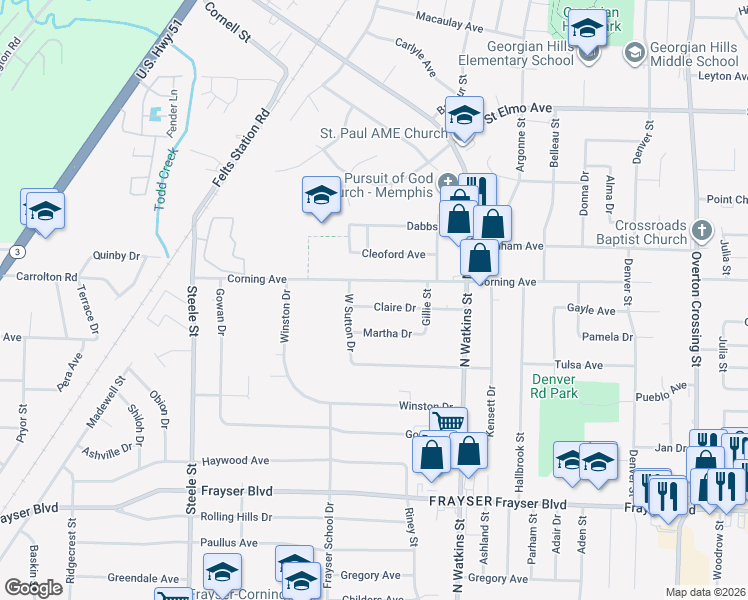 map of restaurants, bars, coffee shops, grocery stores, and more near 1680 Claire Drive in Memphis