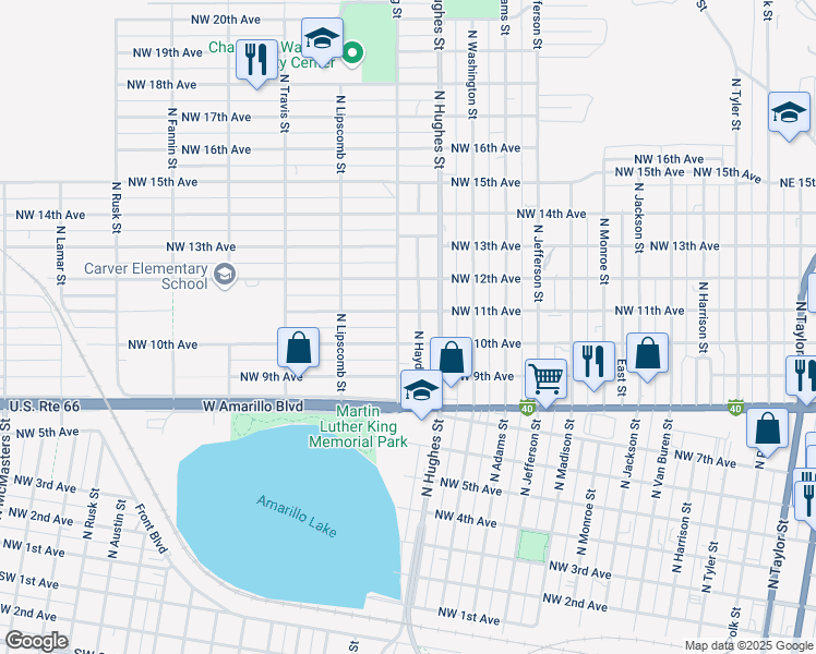 map of restaurants, bars, coffee shops, grocery stores, and more near 1210 Northwest 10th Avenue in Amarillo
